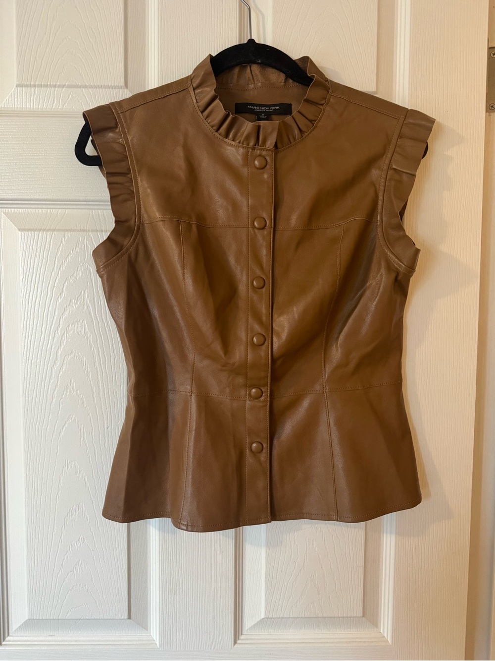 Marc New York Women's Brown Faux Leather Ruffle-Sleeve Button Front Top Sz S